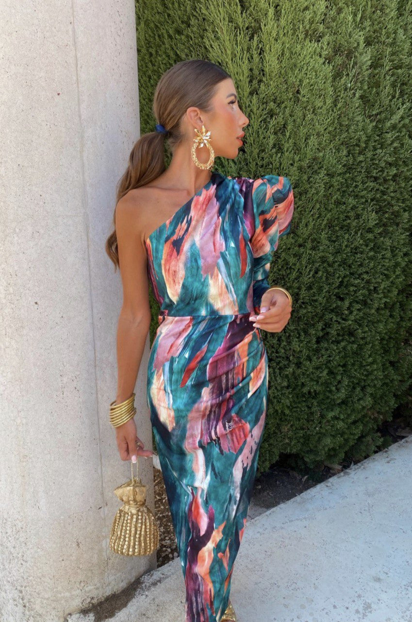 Yllana - Lila Puff-Ein-Schulter-Midi-Kleid