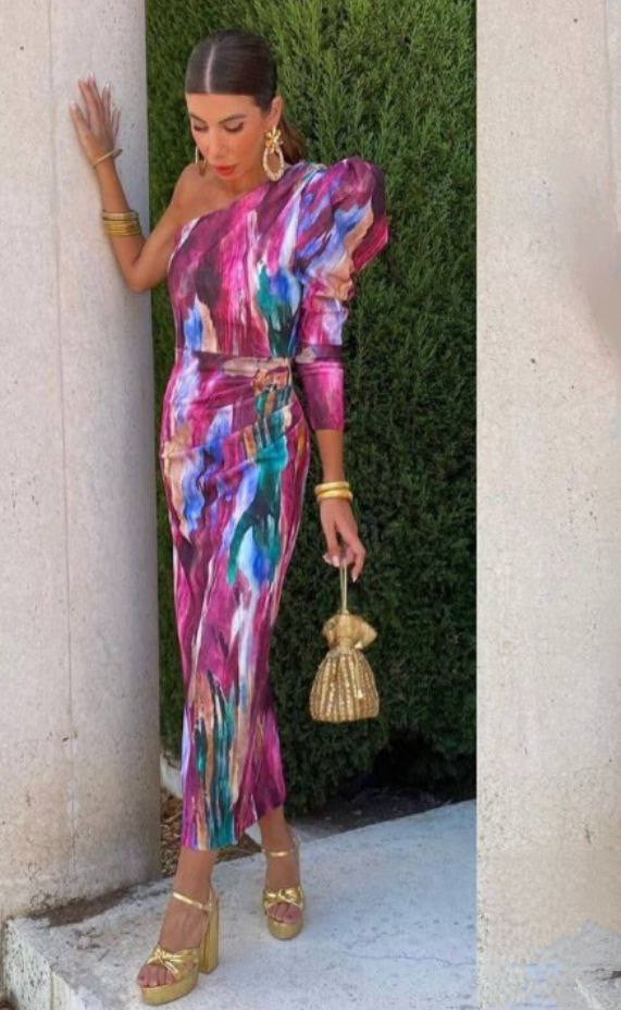 Yllana - Lila Puff-Ein-Schulter-Midi-Kleid