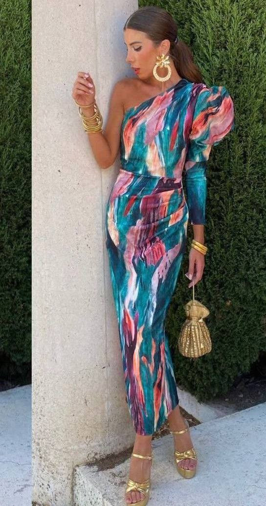 Yllana - Lila Puff-Ein-Schulter-Midi-Kleid