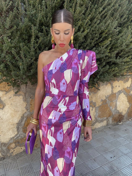 Yllana - Lila Puff-Ein-Schulter-Midi-Kleid